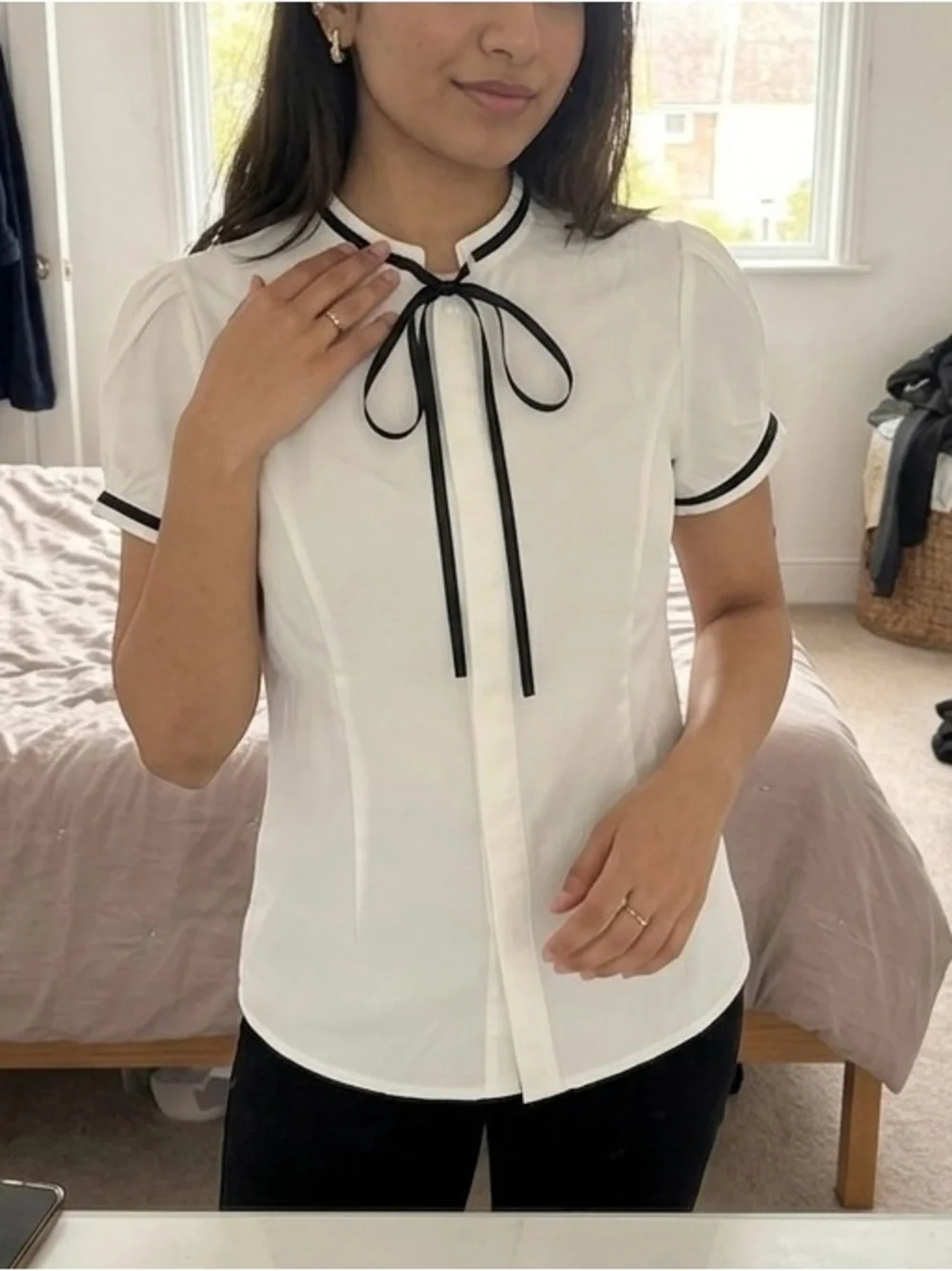 White Short-Sleeve Bow-Tie Blouse with Black Trim
